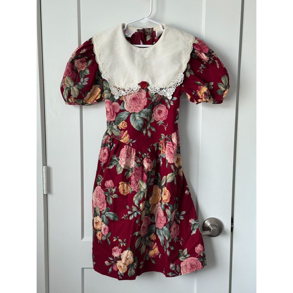 Vintage 80s 90s Allison Ann Floral Prairie Dress Lace Bib Collar - Size 10